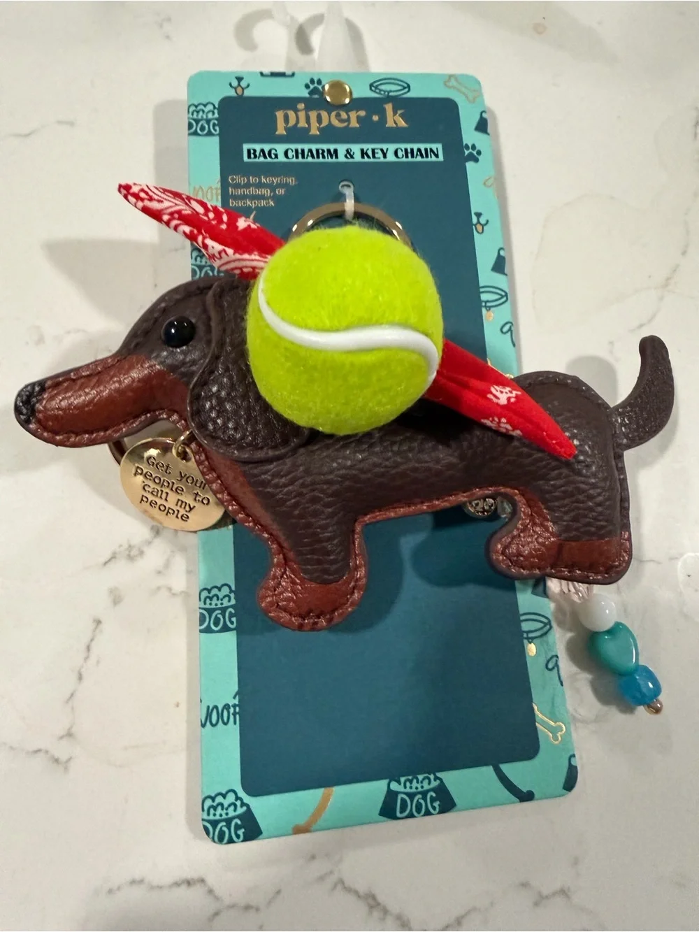 Piper·k Brown Dachshund Bag Charm with Neon Yellow Tennis Ball